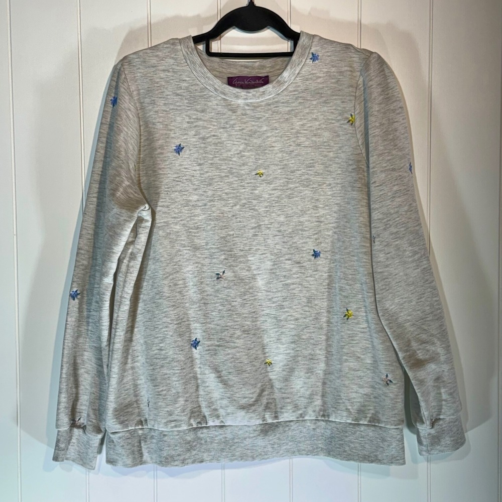 Gloria Vanderbilt Womens Gray Embroidered Floral Crewneck Sweatshirt Large